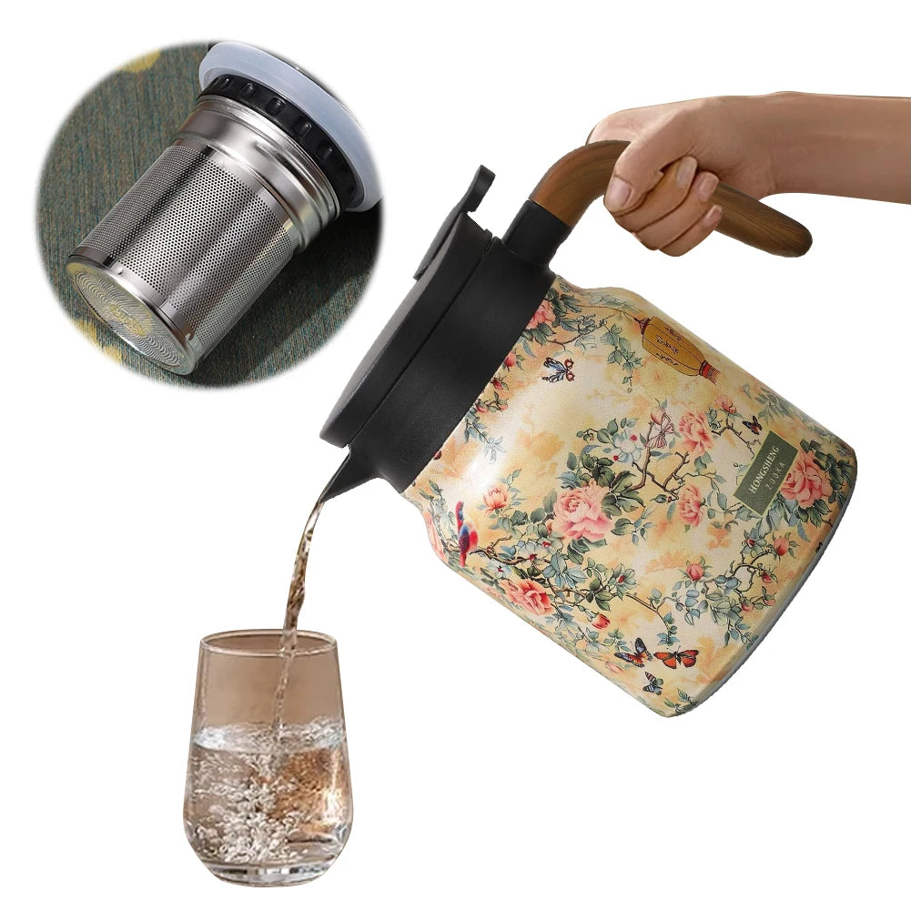 1000ml Vintage Floral Tea Thermos Stainless Steel Tea Kettle Drip-Proof Tea Pot With Tea Infuser Mini Thermo Coffee Pot