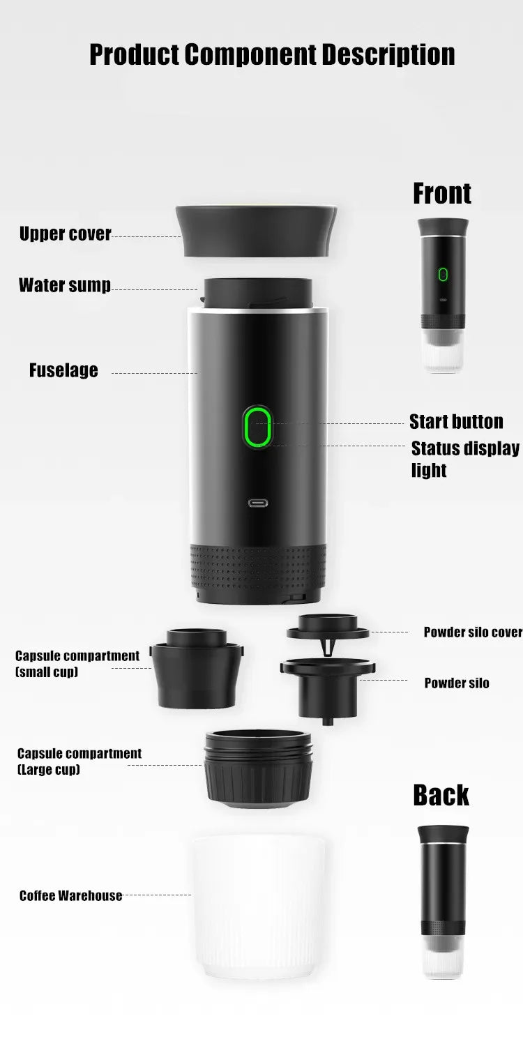 Wireless Electric Portable Espresso 3-in-1 Coffee Machine for Car & Home Camping Coffee Maker Capsule Powder Travel Coffee Maker