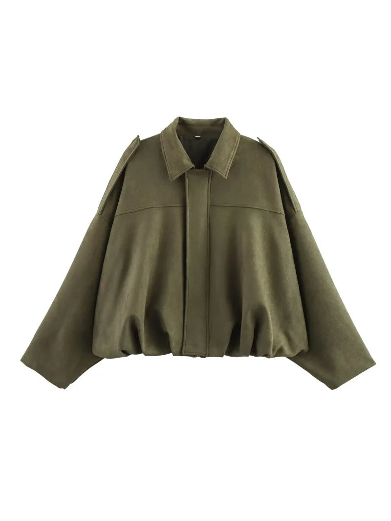ETJ 2025  Spring new women's suede texture effect Loose version of fashion lapel shoulder bomber jacket
