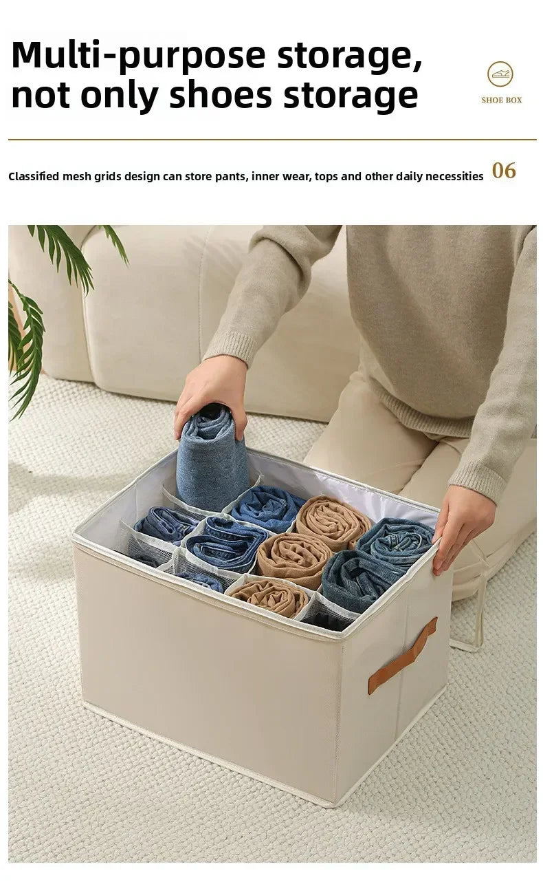 Multifunctional Grid Storage Shoe Box Cross-border Foldable Fabric with Cover Dustproof and Washable Sundries Storage Box