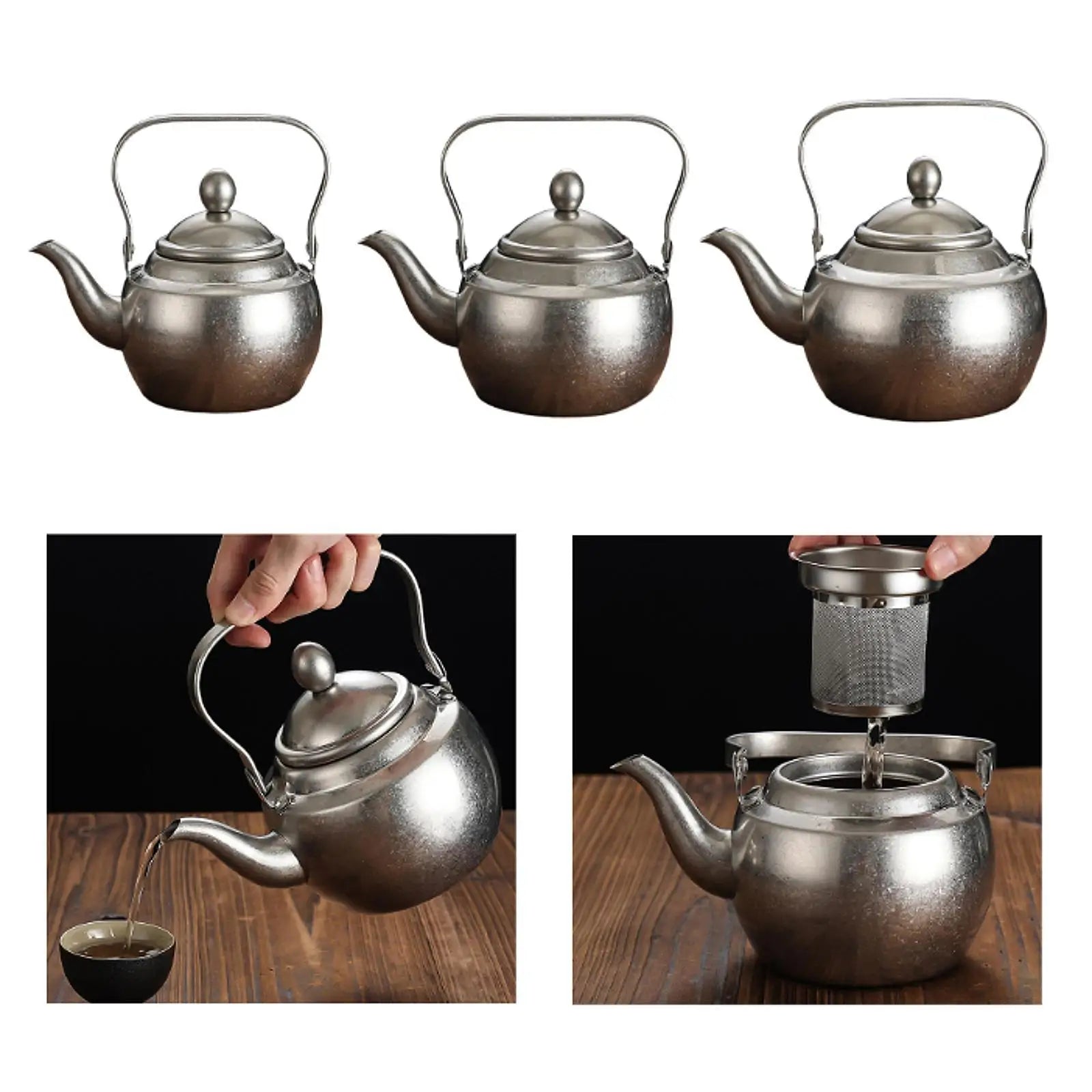 Thick stainless steel teapot with handle, portable, with removable infuser,