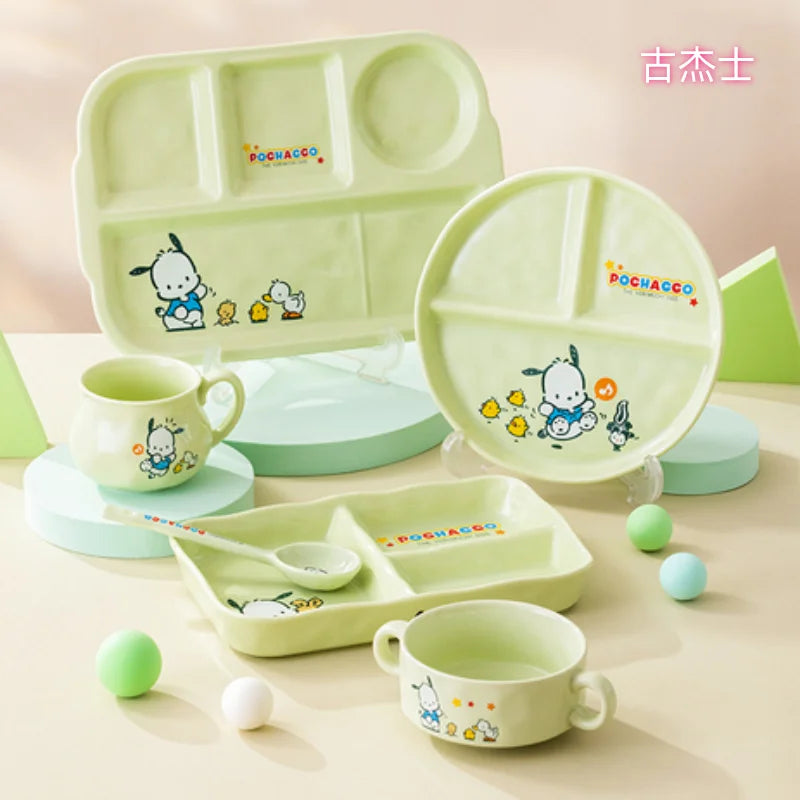 For Sanrio Pochacco Ceramic Children's Divided Plate Round Compartmented Dinner Plate Cartoon Mug Microwave Available Tableware