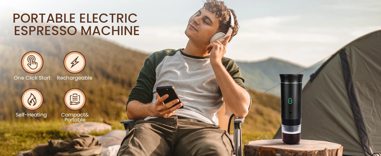 Portable espresso machine, coffee maker for on the go, 3-in-1 rechargeable coffee maker for the car, compatible with ground coff