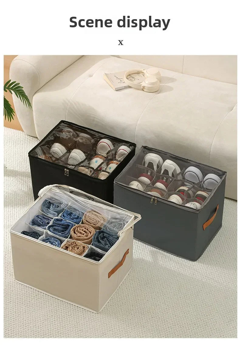Multifunctional Grid Storage Shoe Box Cross-border Foldable Fabric with Cover Dustproof and Washable Sundries Storage Box