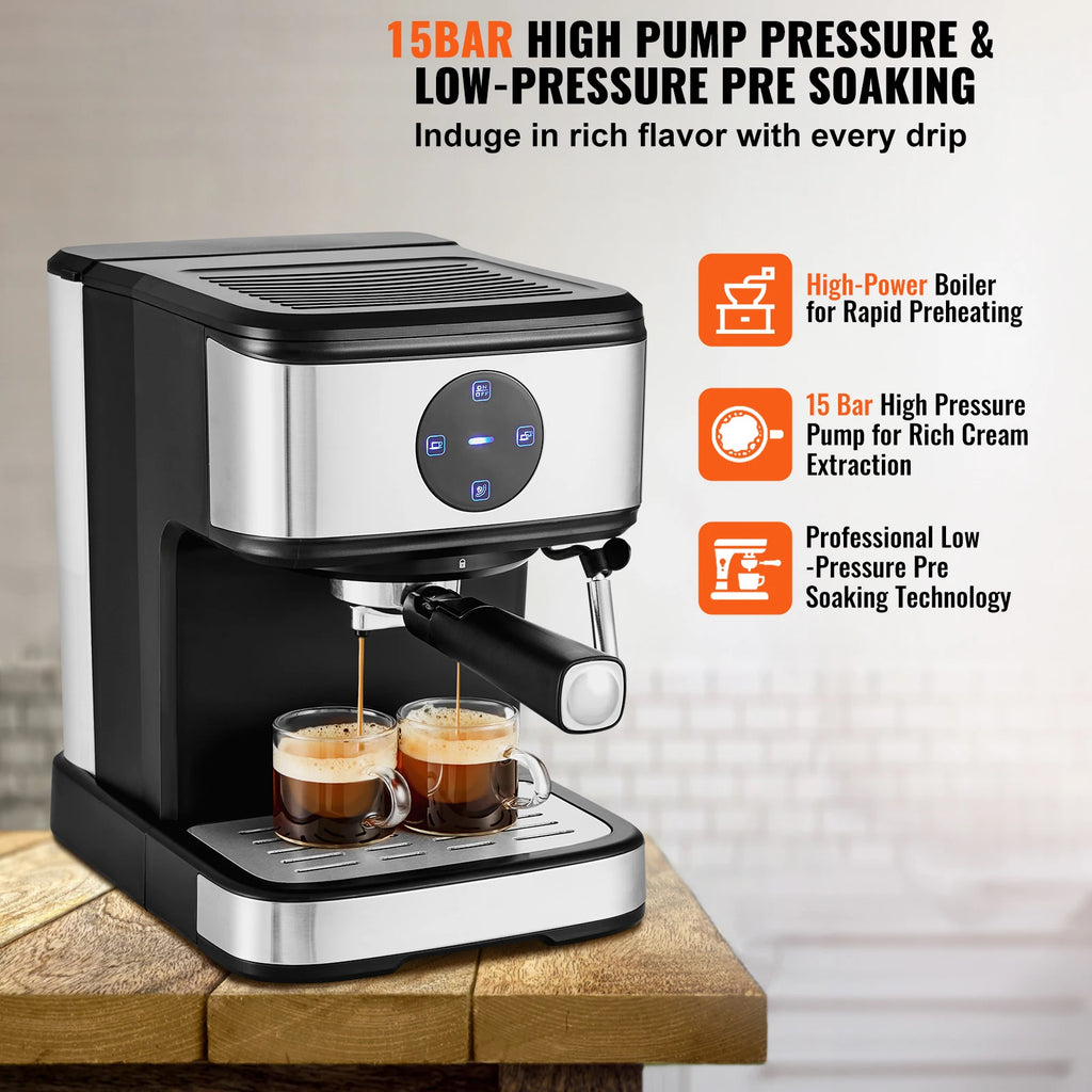 SucceBuy Espresso Machine 15 Bar Coffee and Espresso Maker w/ Milk Frother Steam Wand Professional Semi-Automatic Coffee Machine