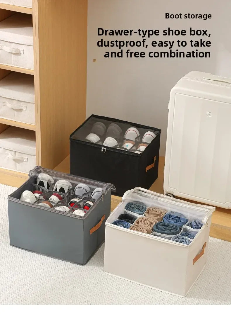 Multifunctional Grid Storage Shoe Box Cross-border Foldable Fabric with Cover Dustproof and Washable Sundries Storage Box