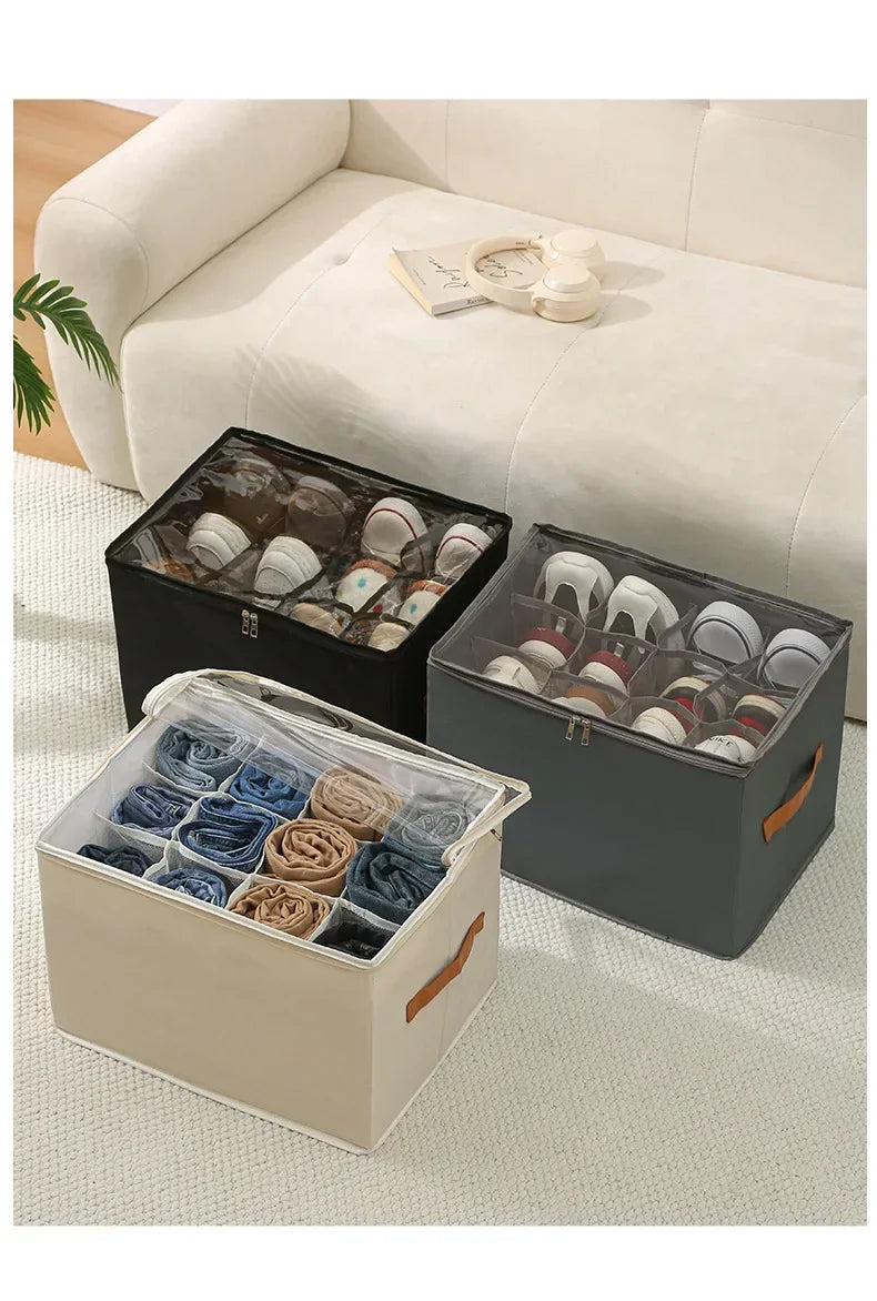 Multifunctional Grid Storage Shoe Box Cross-border Foldable Fabric with Cover Dustproof and Washable Sundries Storage Box
