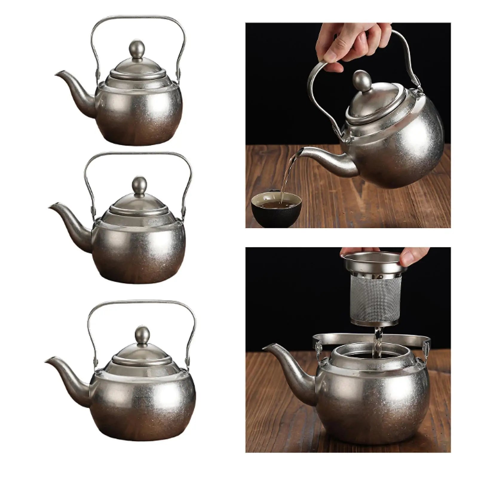 Thick stainless steel teapot with handle, portable, with removable infuser,