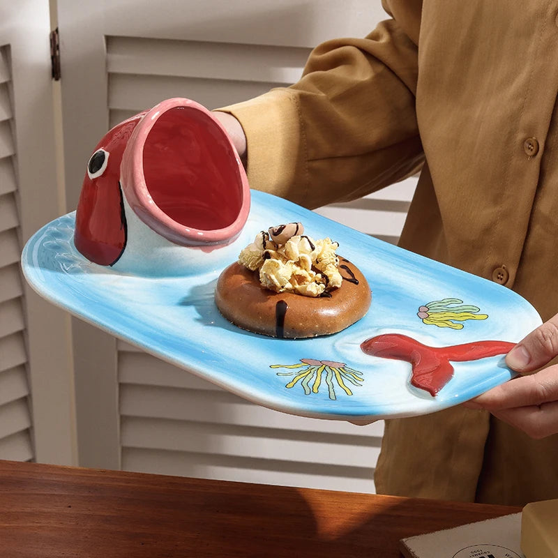 1PC Big Mouth Shark Plate Japanese Cartoon Ceramic Fries Dipping Sauce Vinegar Plate Household Sushi Plate Tableware