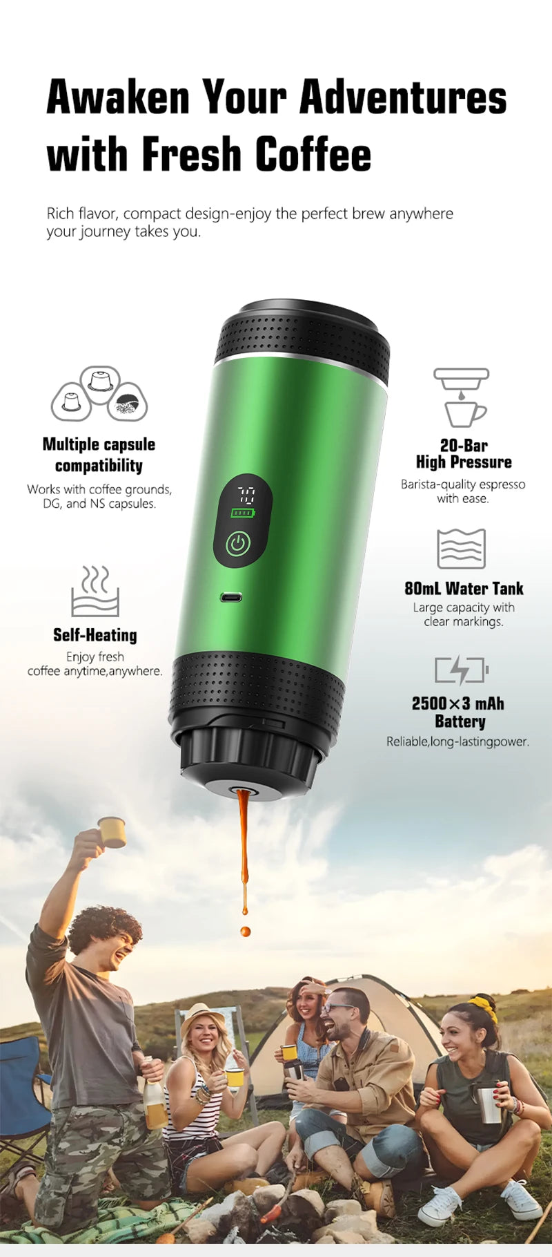 Foombthe 3-in-1 Capsule Coffee Maker With Digital Display Portable Espresso Coffee Machine for Car & Home Camping Coffee Maker