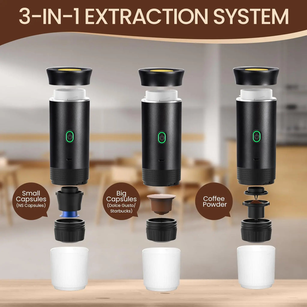 Portable espresso machine, coffee maker for on the go, 3-in-1 rechargeable coffee maker for the car, compatible with ground coff