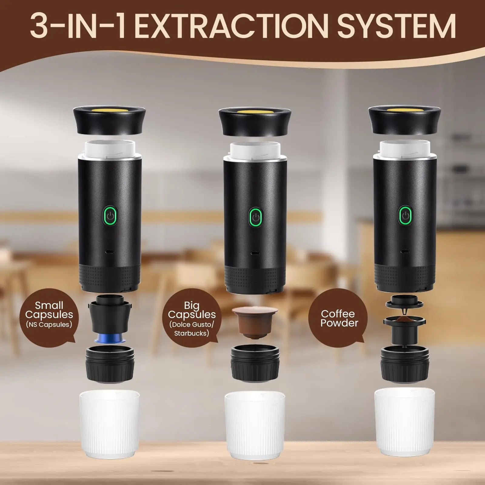 Portable espresso machine, coffee maker for on the go, 3-in-1 rechargeable coffee maker for the car, compatible with ground coff