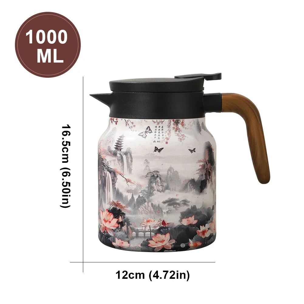 1000ml Vintage Floral Tea Thermos Stainless Steel Tea Kettle Drip-Proof Tea Pot With Tea Infuser Mini Thermo Coffee Pot