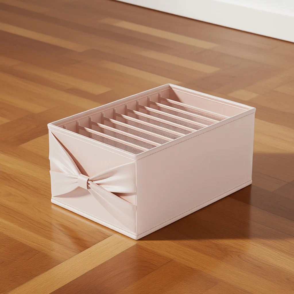 Soft Pink/Blue Fabric Storage Box with Bow. Multi-Grid Organizer for Closet, Socks & Accessories. Save Space, Durable & Stylish.