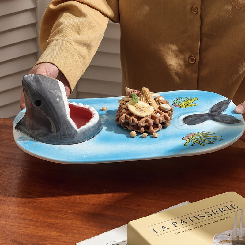 1PC Big Mouth Shark Plate Japanese Cartoon Ceramic Fries Dipping Sauce Vinegar Plate Household Sushi Plate Tableware