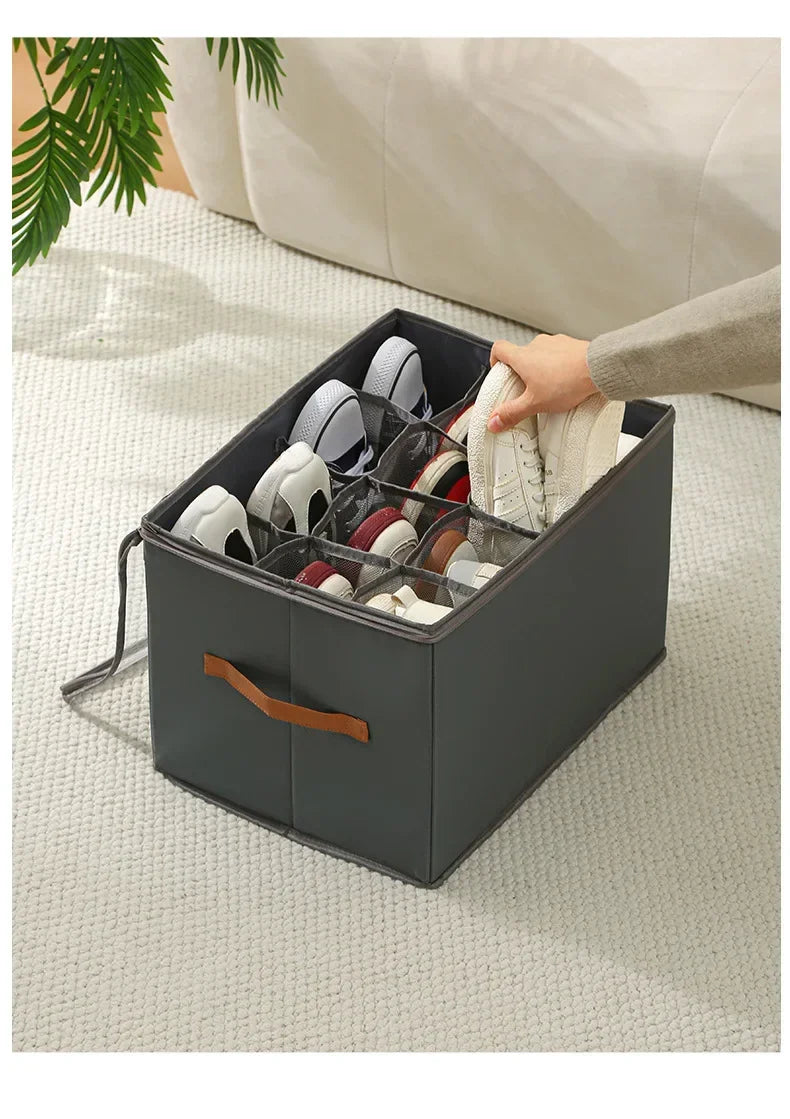 Multifunctional Grid Storage Shoe Box Cross-border Foldable Fabric with Cover Dustproof and Washable Sundries Storage Box