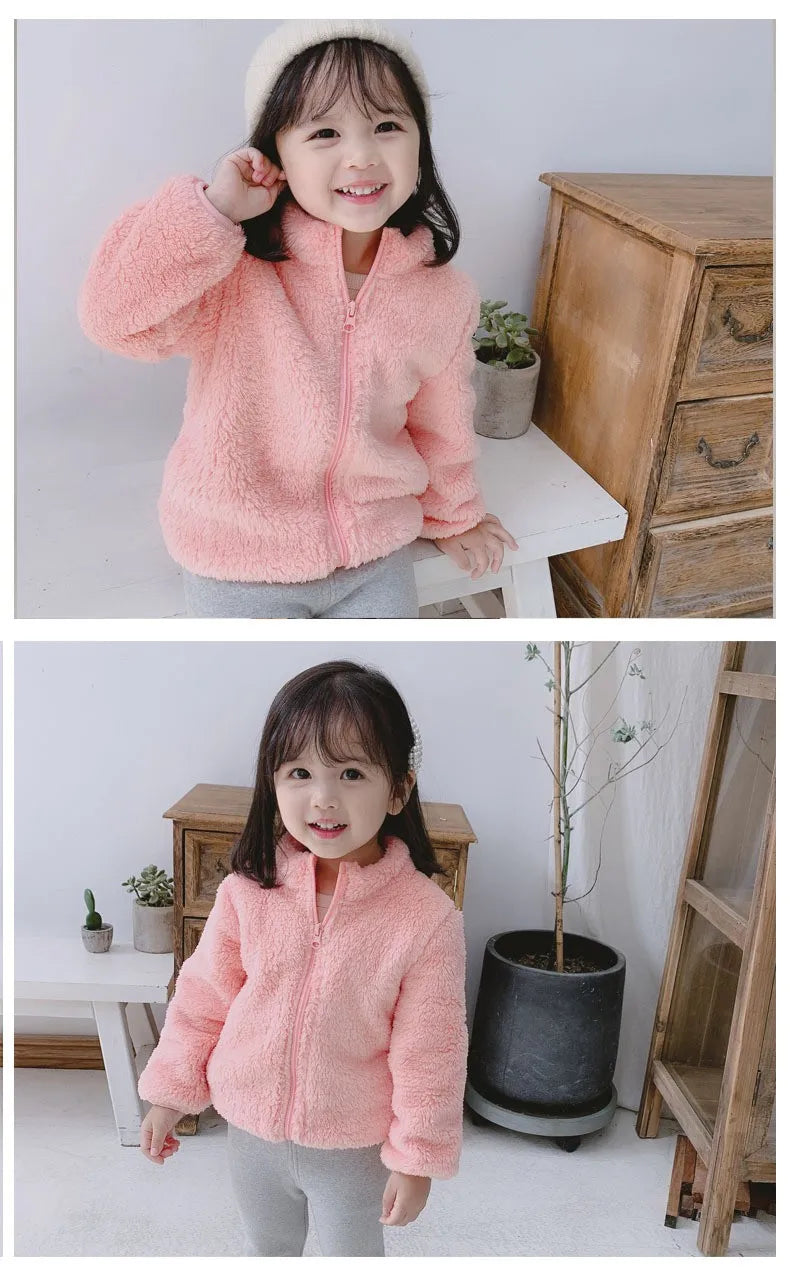 Solid Color Fashion Children Plush Coat Autumn Winter Warm Baby Girl Boy Casual Jacket Greatcoat Kids Clothing Toddler Outerwear
