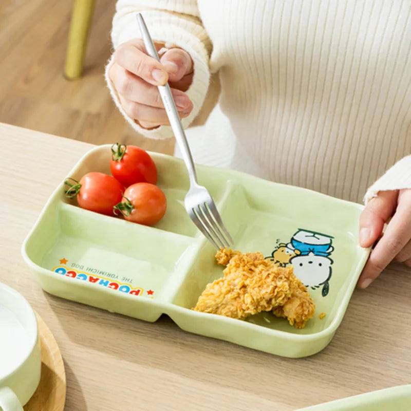 For Sanrio Pochacco Ceramic Children's Divided Plate Round Compartmented Dinner Plate Cartoon Mug Microwave Available Tableware