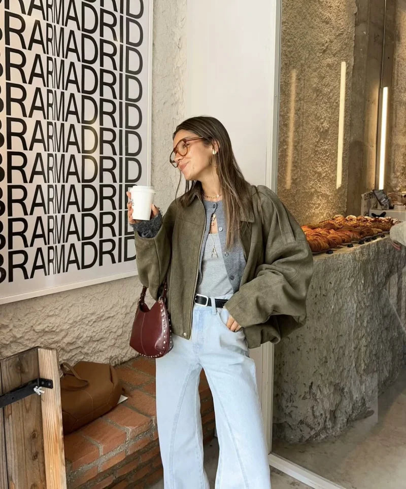 ETJ 2025  Spring new women's suede texture effect Loose version of fashion lapel shoulder bomber jacket