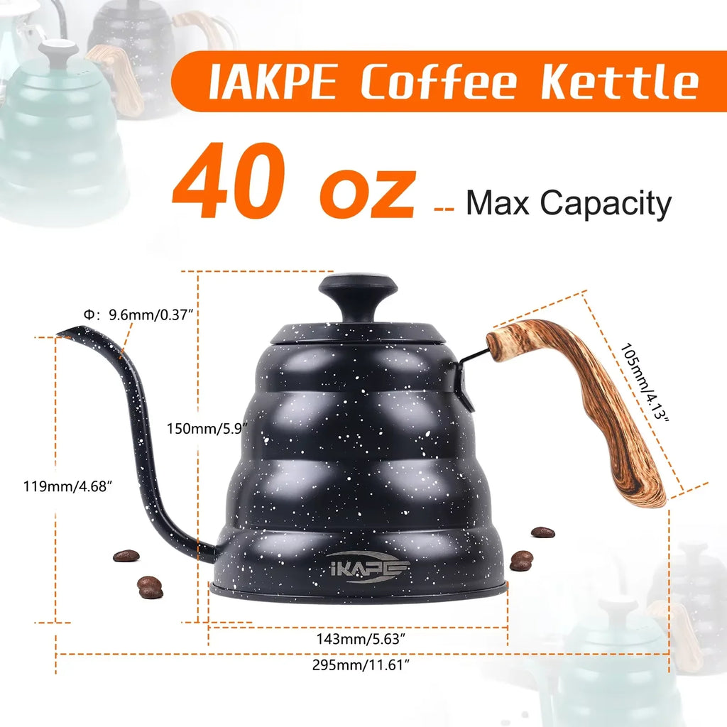 IKAPE Espresso Pour Over Coffee Kettle, Gooseneck Tea Kettle, Premium Stainless Steel Kettle Body，40 oz with Thermometer