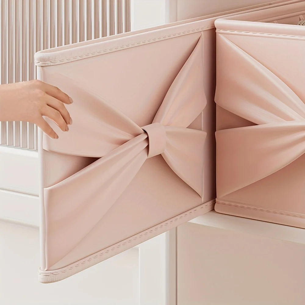 Soft Pink/Blue Fabric Storage Box with Bow. Multi-Grid Organizer for Closet, Socks & Accessories. Save Space, Durable & Stylish.