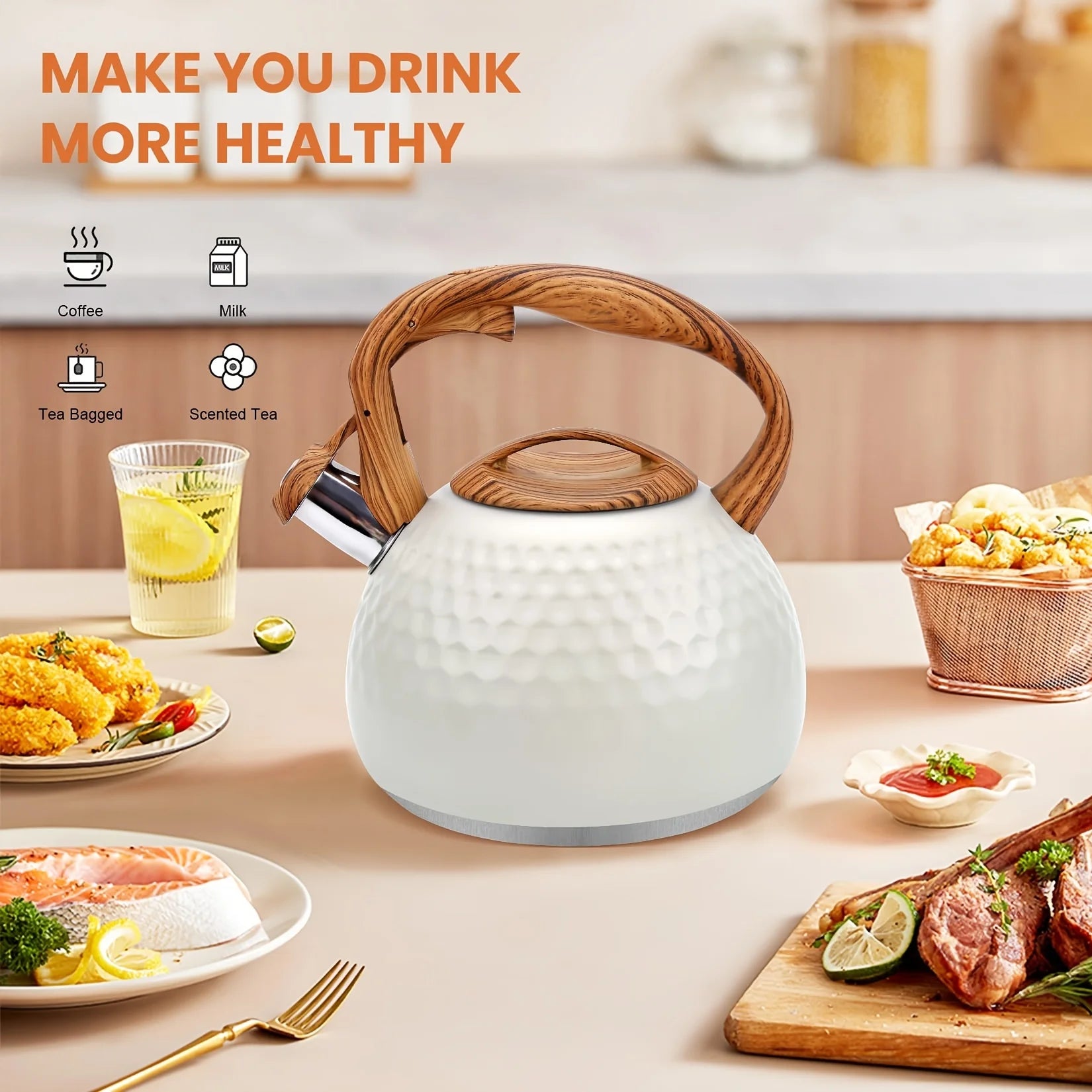 3L Stainless Steel Whistling Tea Kettle, Wood Handle. For All Stovetops, Indoor & Outdoor Use. Easy Clean.