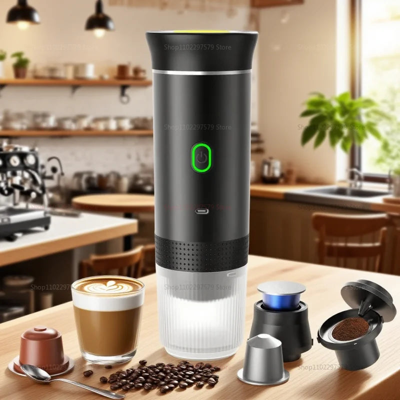 3-in-1 Electric Wireless Heating Coffee Machine Fit for Coffee Capsule/Powder Travel Coffee Maker for Car & Home Camping Travel