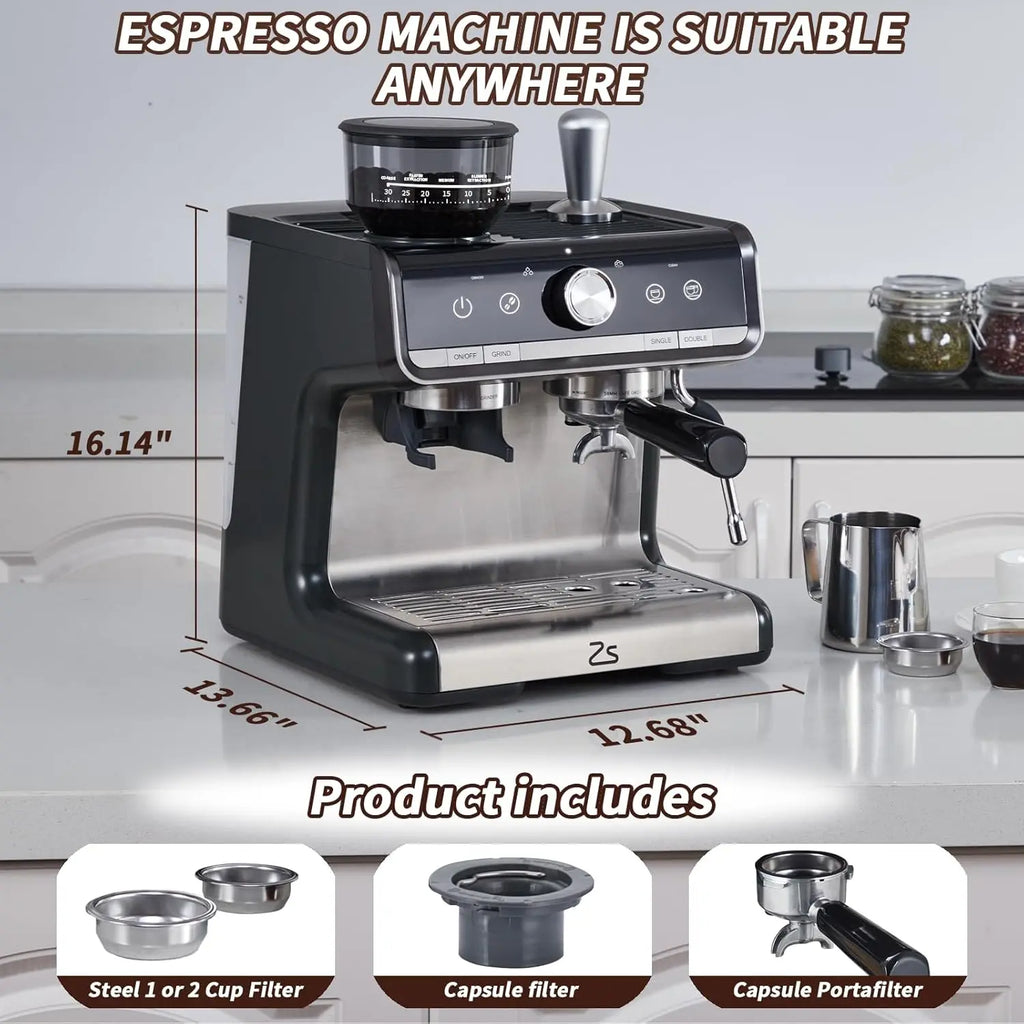 Espresso Machine with Grinder, Professional Espresso Maker with Milk Frother Steam Wand, 20 Bar Barista Cappuccino Machine,1450W