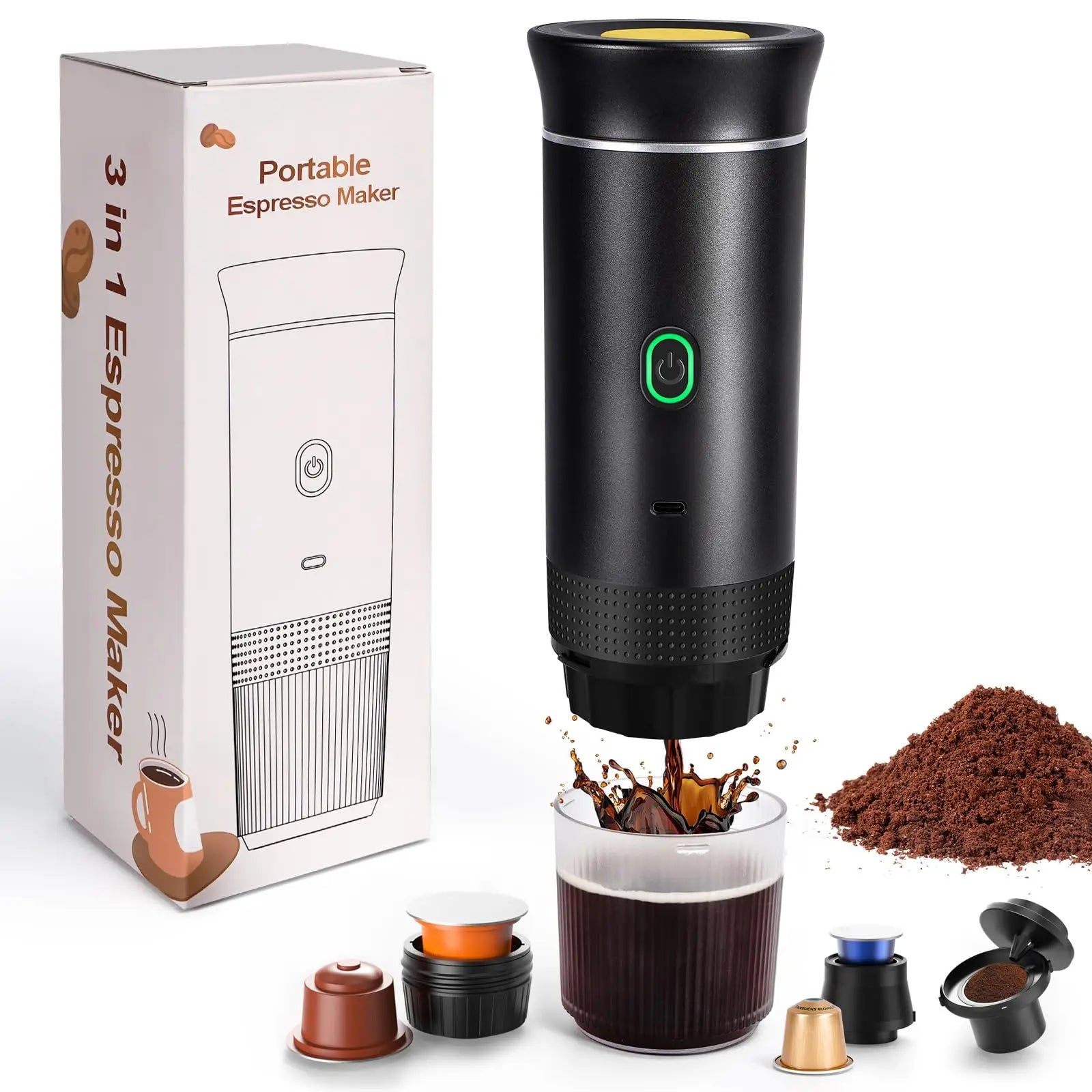Portable espresso machine, coffee maker for on the go, 3-in-1 rechargeable coffee maker for the car, compatible with ground coff