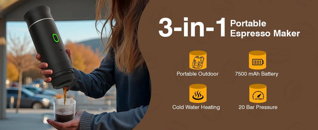 Portable espresso machine, coffee maker for on the go, 3-in-1 rechargeable coffee maker for the car, compatible with ground coff