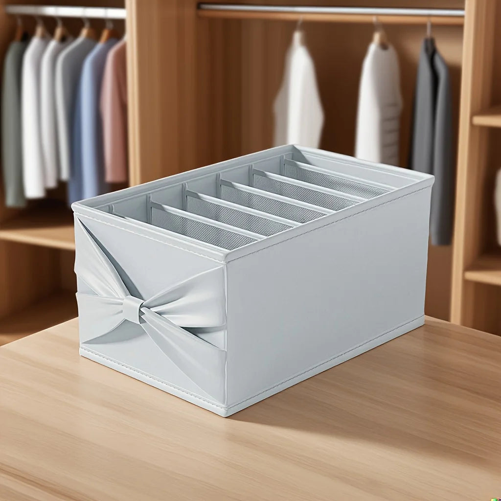 Soft Pink/Blue Fabric Storage Box with Bow. Multi-Grid Organizer for Closet, Socks & Accessories. Save Space, Durable & Stylish.