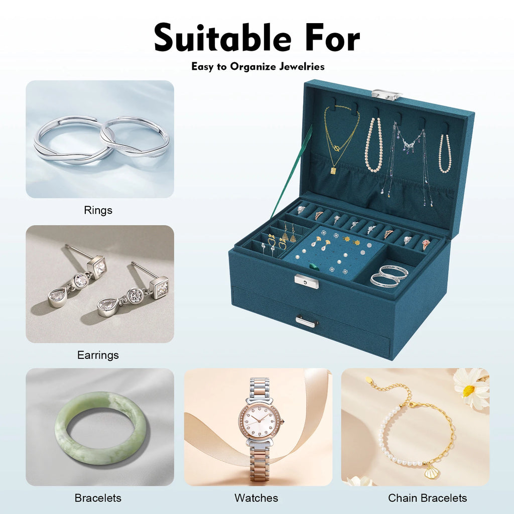 3-Tier Jewelry Box Dark Green Suede Fabric Rings Earrings Bracelets Drawer Organizer Small Item Sorting Storage Tool