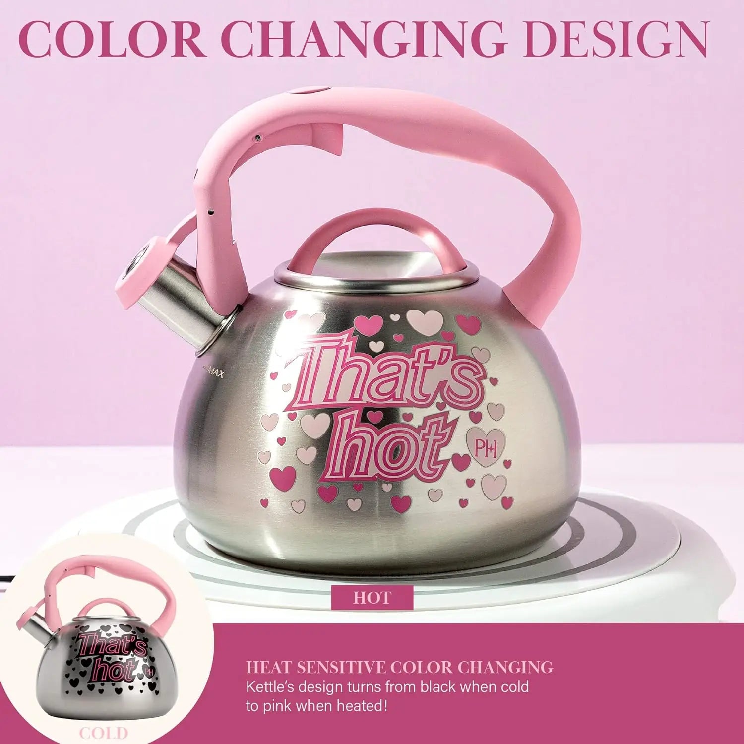 Whistling Stovetop Tea Kettle, Stainless Steel with Color Changing "That's Hot" Heat Indicator Design, Soft Touch Handle, 2.5-Qu