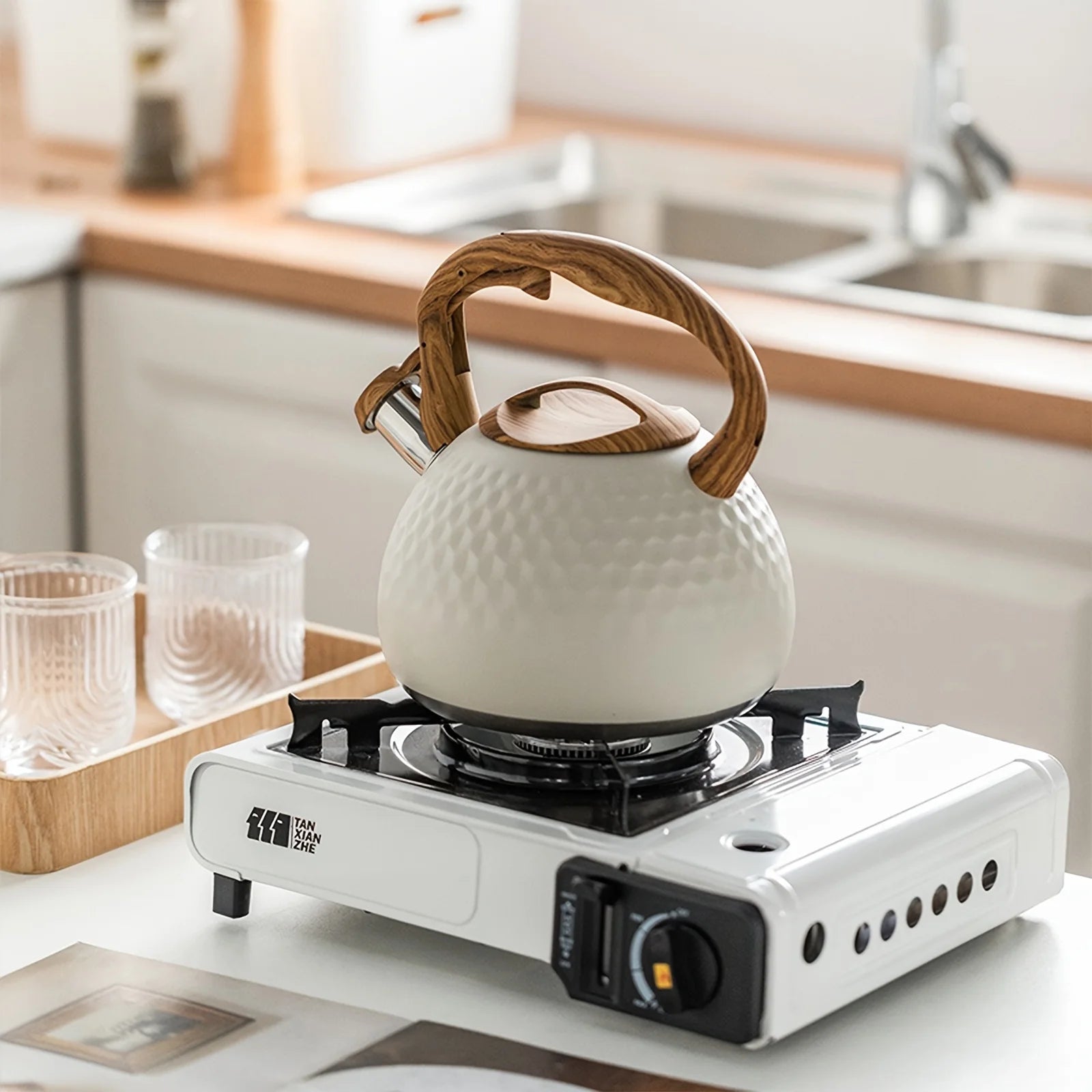 3L Stainless Steel Whistling Tea Kettle, Wood Handle. For All Stovetops, Indoor & Outdoor Use. Easy Clean.