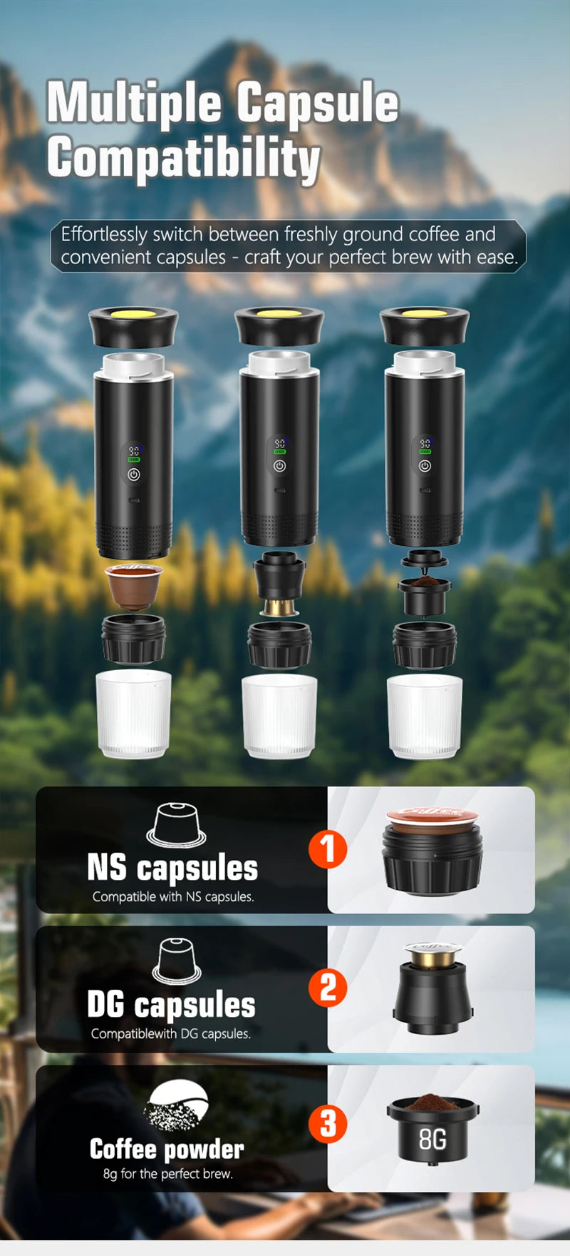 Foombthe Portable Espresso Coffee Machine With Digital Display 3-in-1 Capsule Coffee Maker for Car & Home Camping Coffee Maker