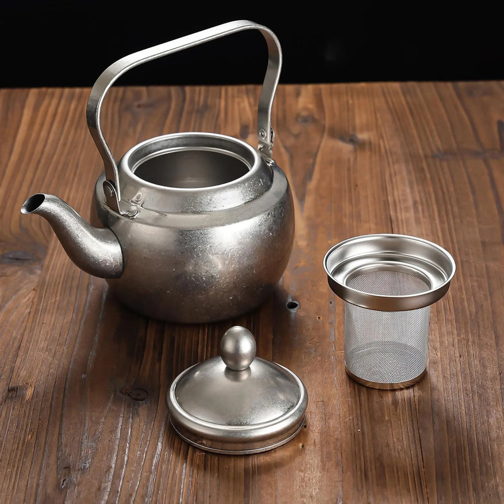 Thick stainless steel teapot with handle, portable, with removable infuser,