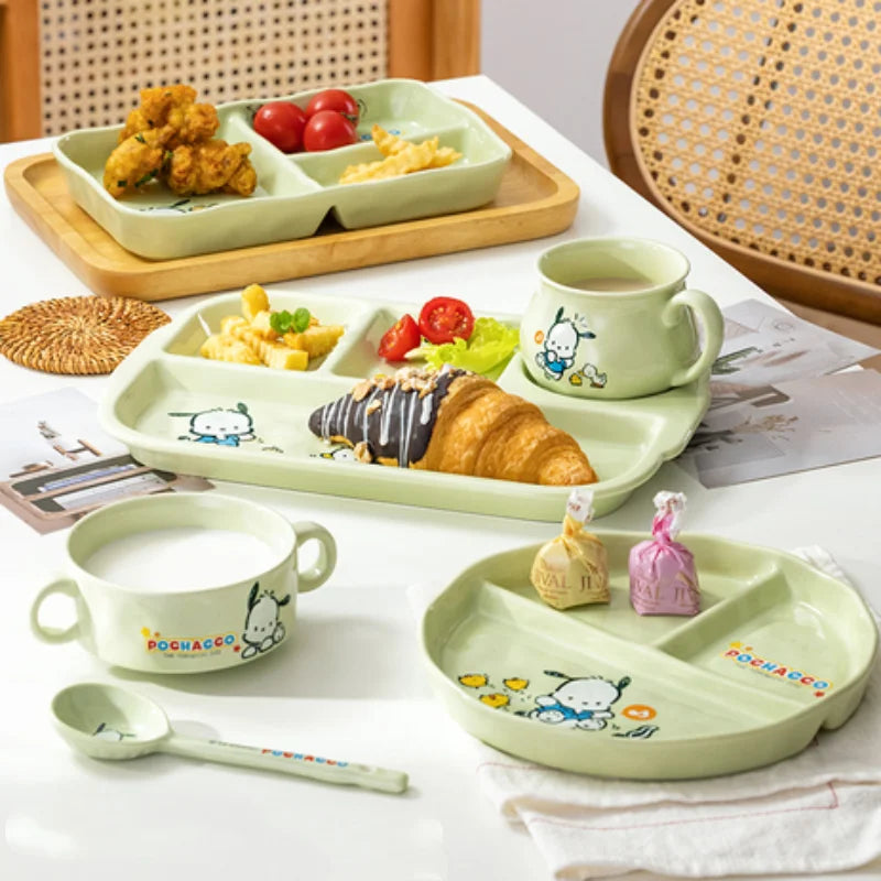 For Sanrio Pochacco Ceramic Children's Divided Plate Round Compartmented Dinner Plate Cartoon Mug Microwave Available Tableware