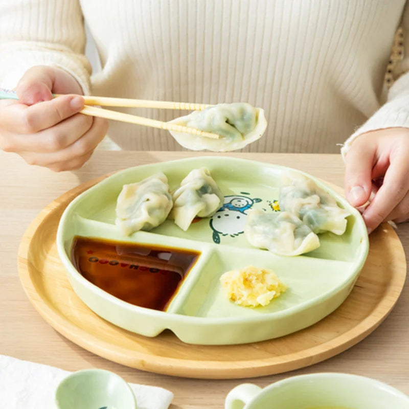 For Sanrio Pochacco Ceramic Children's Divided Plate Round Compartmented Dinner Plate Cartoon Mug Microwave Available Tableware