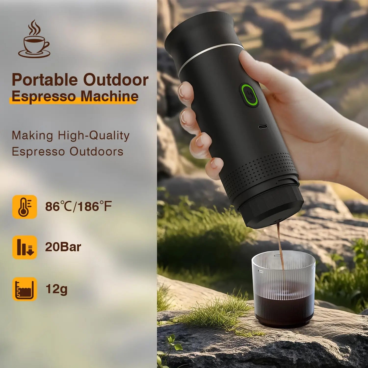 Portable espresso machine, coffee maker for on the go, 3-in-1 rechargeable coffee maker for the car, compatible with ground coff
