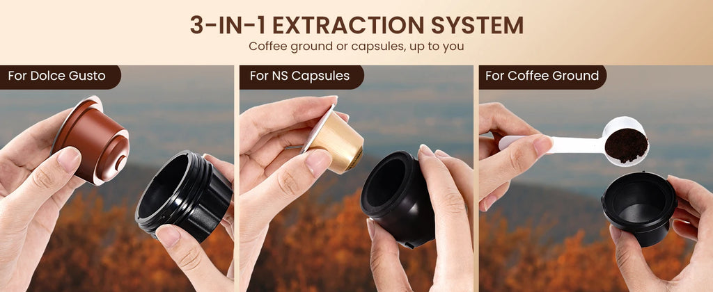 Portable espresso machine, coffee maker for on the go, 3-in-1 rechargeable coffee maker for the car, compatible with ground coff