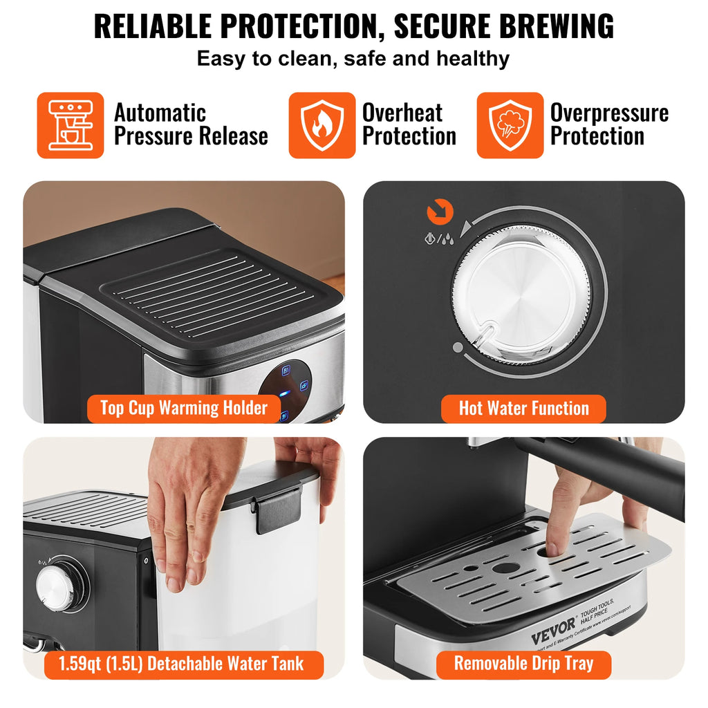 SucceBuy Espresso Machine 15 Bar Coffee and Espresso Maker w/ Milk Frother Steam Wand Professional Semi-Automatic Coffee Machine