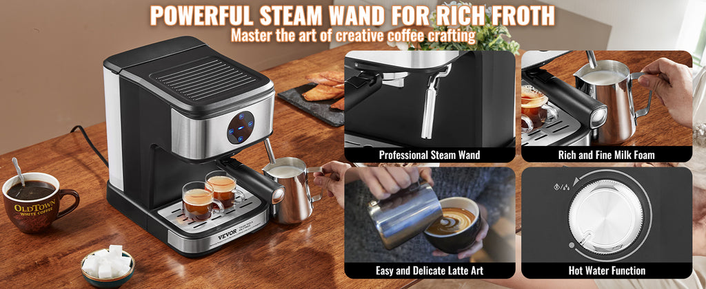 SucceBuy Espresso Machine 15 Bar Coffee and Espresso Maker w/ Milk Frother Steam Wand Professional Semi-Automatic Coffee Machine